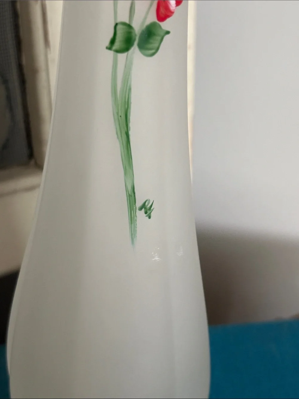 Frosted White Bud Vase with Hand-Painted Red Floral Detail
